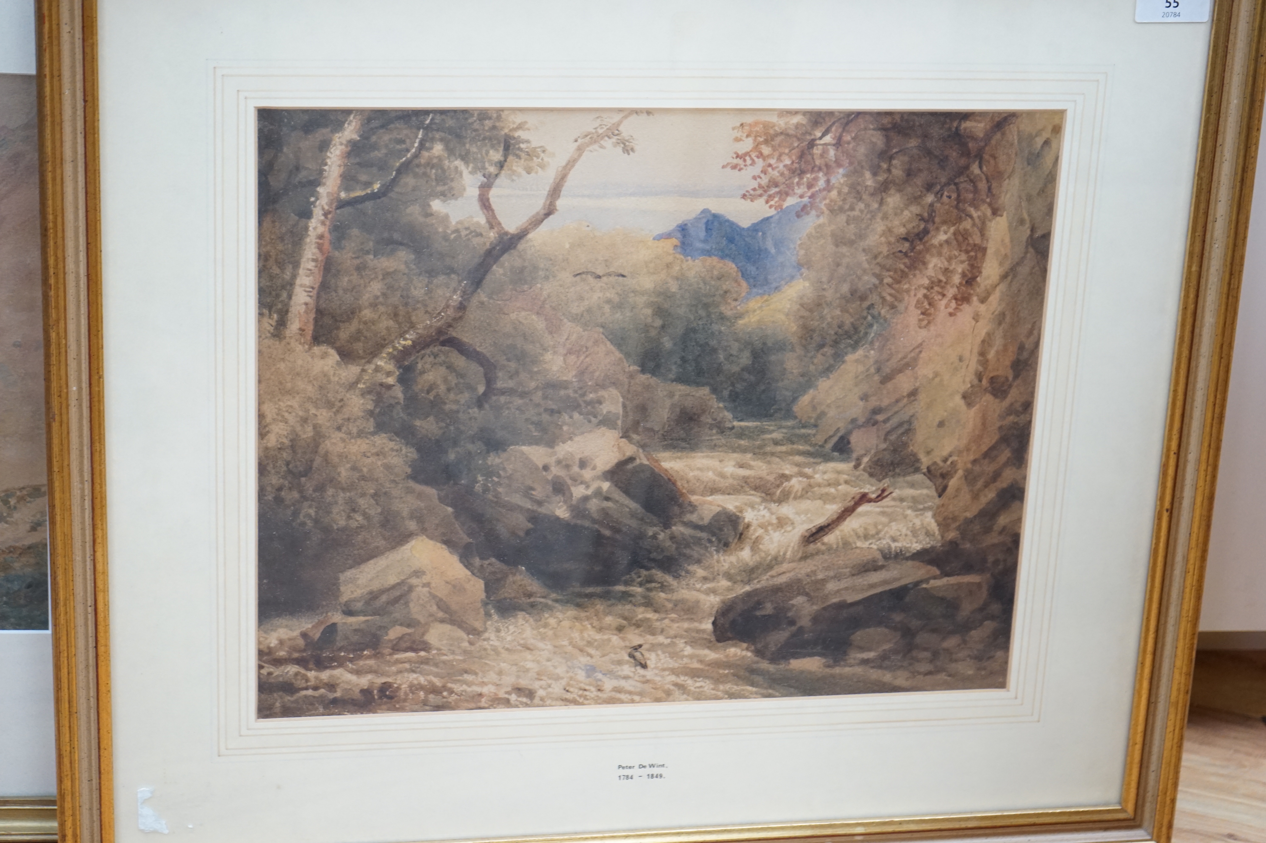 Peter de Wint (1784-1849), two watercolours, 'Salmon stream' and one other, one with Newcastle Upon Tyne Royal Mining, Engineering and Industrial Exhibition 1887 label verso, largest 31 x 45cm